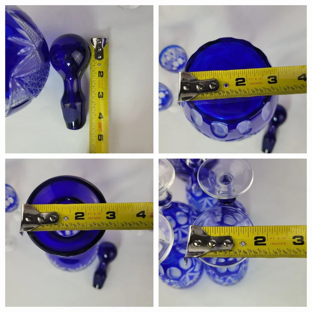Vintage Bohemian Cobalt Blue Cut to Clear Crystal Decanter 5 Cordial Glasses Set